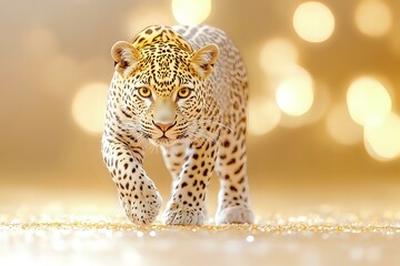 Naklejka premium Majestic leopard walking on glittering golden surface against blurred bokeh background, dramatic wildlife scene with intense predator gaze and spotted fur pattern.