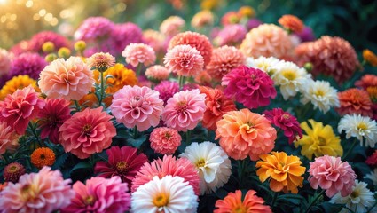 Sunny summer day. A flower bed showcases a variety of blooming zinnias.