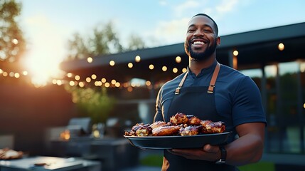 Cheerful African American male chef in apron holding grilled meat platter outdoors at sunset, string lights and restaurant patio create warm ambiance.