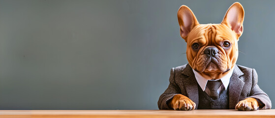french bulldog dog in business suit sitting in front of desk and looking directly; gray wall background; concept of teacher, lawyer; eye-catching stocks / market design