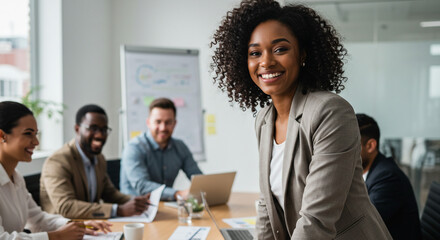 A confident Black businesswoman smiles warmly during a successful team meeting, radiating positivity and collaboration in a bright modern office.