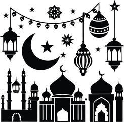 Islamic Festive Black and White Silhouettes Including Mosques and Lanterns