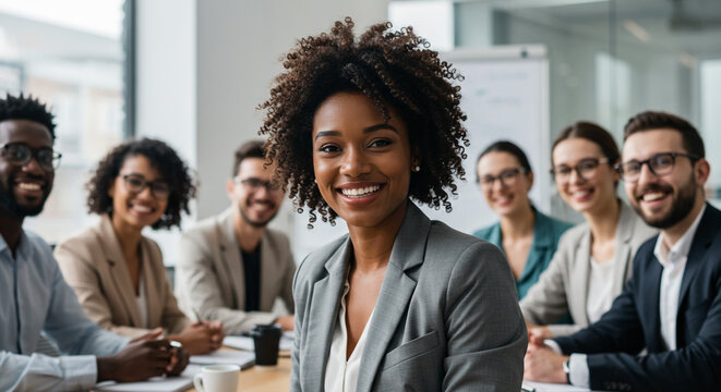 A confident Black woman leads a diverse team, radiating success and collaboration in a modern office setting with warm lighting.