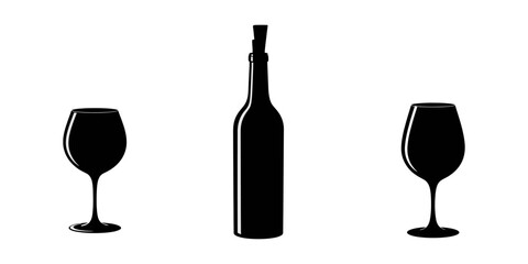 wine bottle glass icon vector on white background, bottle and glass set, Silhouette of three empty wine glasses on a white background, Set with alcohol bottles and glasses vector icons.