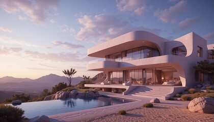 Fototapeta premium A modern architectural marvel with a stunning infinity pool overlooking a picturesque mountain landscape at sunset. Contemporary design.