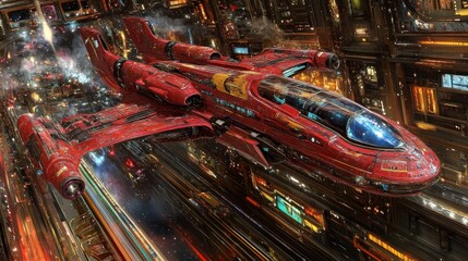 Red spaceship flies through futuristic city