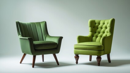 Two vintage quilted armchairs upholstered in velvet with wooden legs set against a white backdrop featuring a clipping path. Series of furniture.