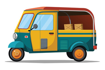 Fototapeta premium A vibrant auto rickshaw stands still on the street, featuring bright colors and carrying boxes in the back, showcasing typical urban transportation.