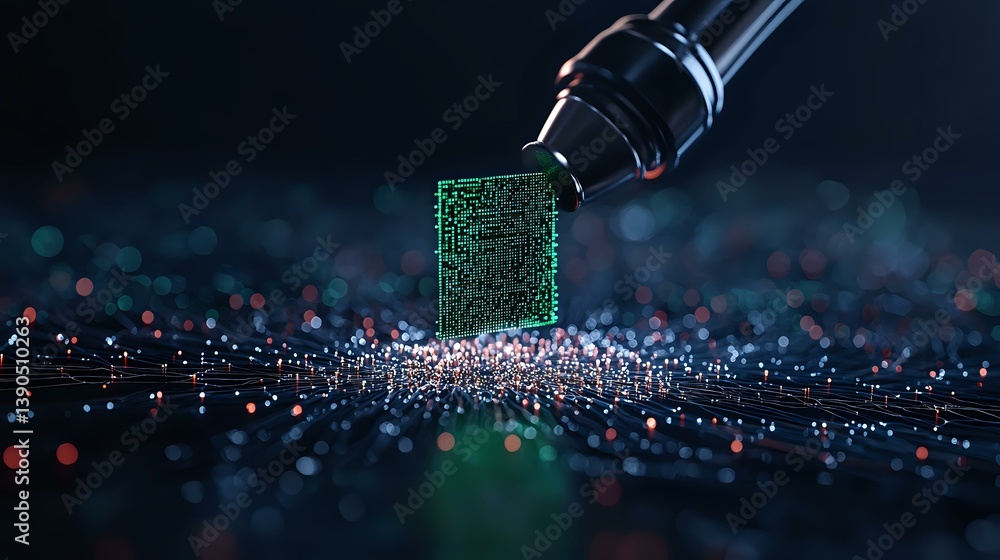 Poster glowing green microchip with electronic circuit pattern emerging from dark background with scattered
