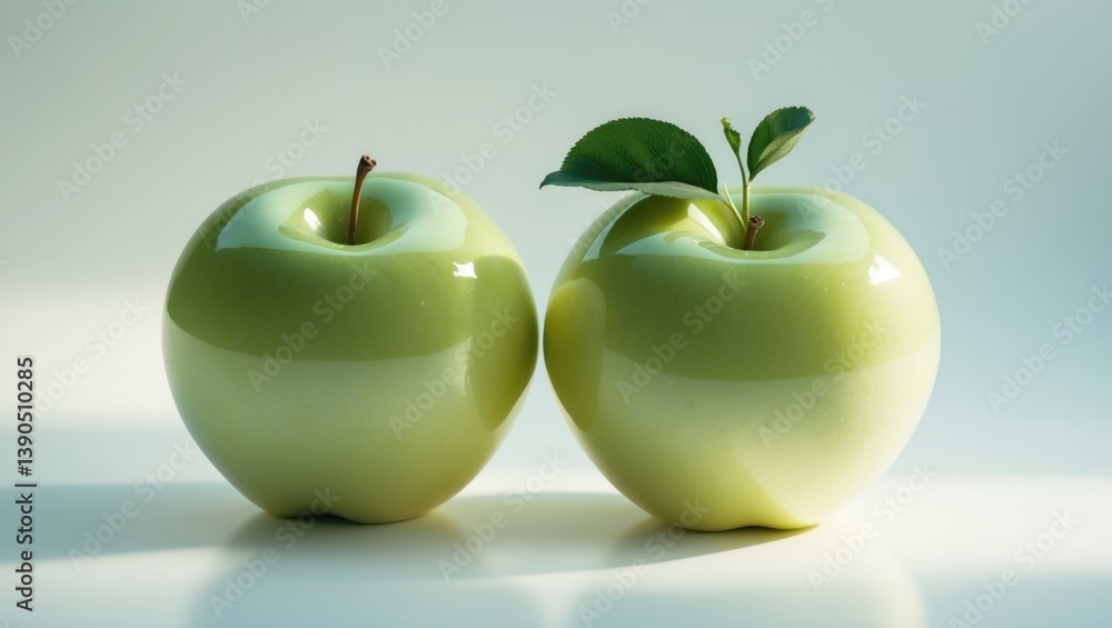 Poster two green apples that are ripe with an apple leaf isolated on a white background without any shadow.