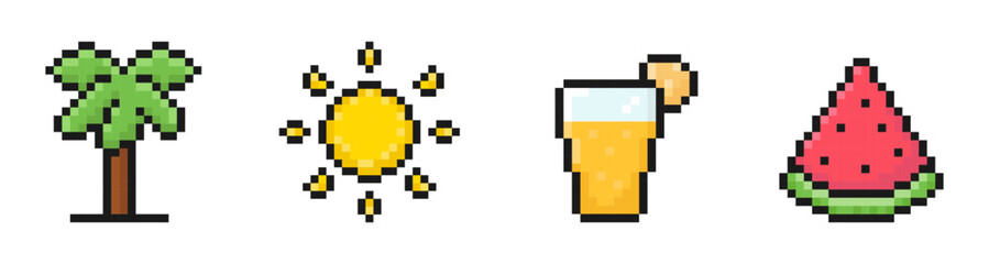 summer pixel set of icons, vintage, 8 bit, 80s, 90s games, computer arcade game items, palm tree, sun, juice glass, watermelon, vector illustration