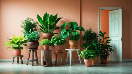 Fototapeta premium Stools alongside green plants positioned near a wall in a room.