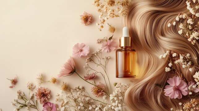 Elegant hair care scene with golden hair oil and smooth hair gently applied to long