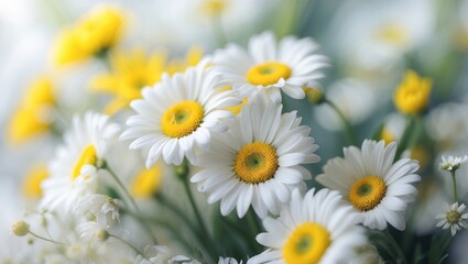 Obraz premium Daisy macro love with white vegetation in summer nature adventure. Wild trip scene featuring plants with yellow natural earth elements, showcasing fresh and perfect golden wilderness. Beautiful flo...