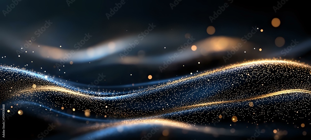 Poster abstract flowing waves of glowing particles with golden light effects on dark background, creating d