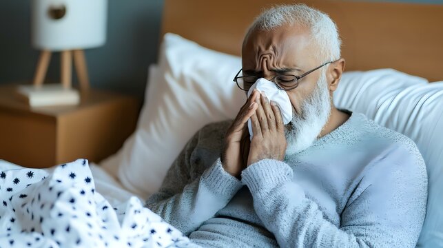 Senior African American man with gray beard blowing nose while lying sick in bed at home, wearing light blue sweater, experiencing cold or flu symptoms. - Powered by Adobe