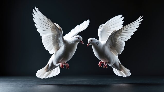 Two white doves in flight against a dark background.