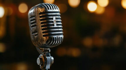 Vintage Microphone on Stand Against Soft Bokeh Background with Warm Lighting