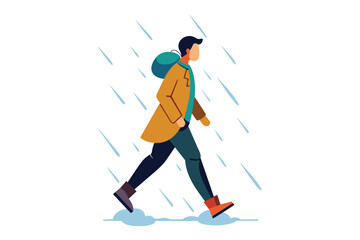 Fototapeta premium A person is seen strolling along a rain-soaked path while wearing a yellow coat and a teal backpack. The raindrops fall around, creating a vibrant atmosphere.