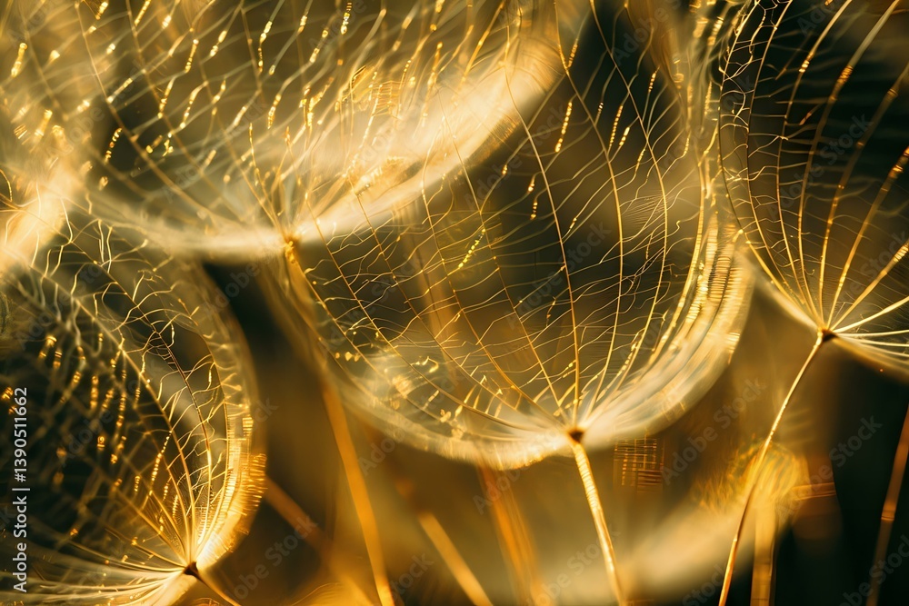 Poster delicate dandelion seeds illuminated in golden light create dreamy macro photography with soft focus