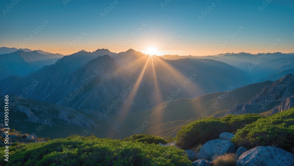 Poster sun rays emerging over the mountain range in the landscape with space for text.
