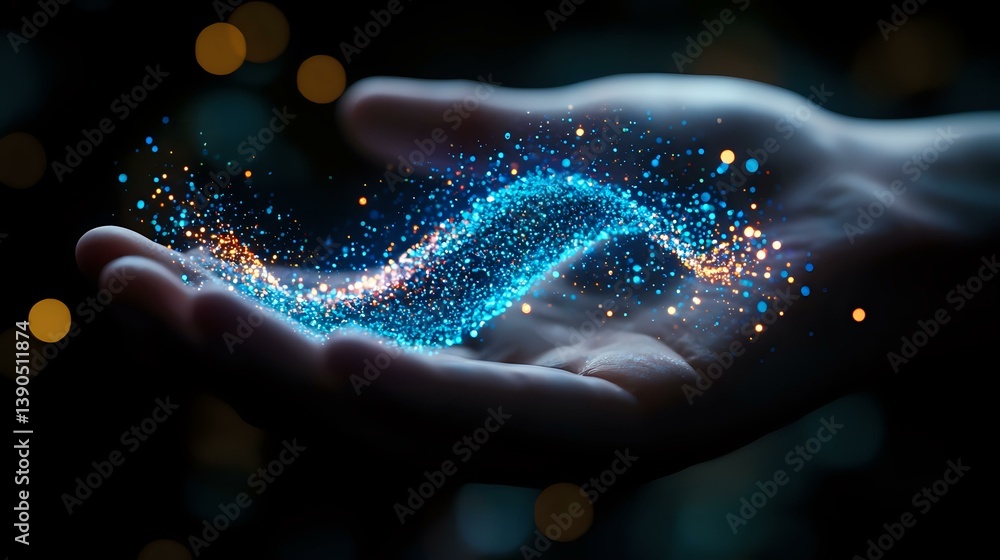 Poster magical glowing blue and orange particles floating above open palm against dark background with boke