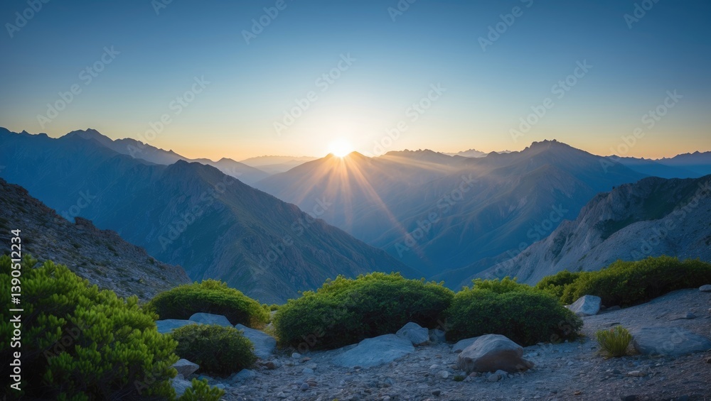 Poster sun rays shining over the mountain range in a landscape with space for text.