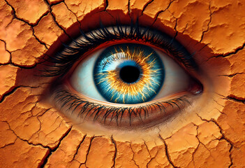 Close-up of a Blue and Golden Eye Surrounded by Cracked Earth Texture.