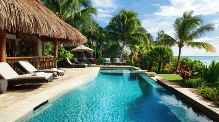 Tropical Paradise with Poolside Lounge Chairs, Lush Palm Trees, and Scenic Ocean View in Bright Sunlight