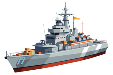 Naklejka premium The naval ship is cruising on calm waters with cargo containers stacked on deck, reflecting its readiness for various maritime operations and missions.