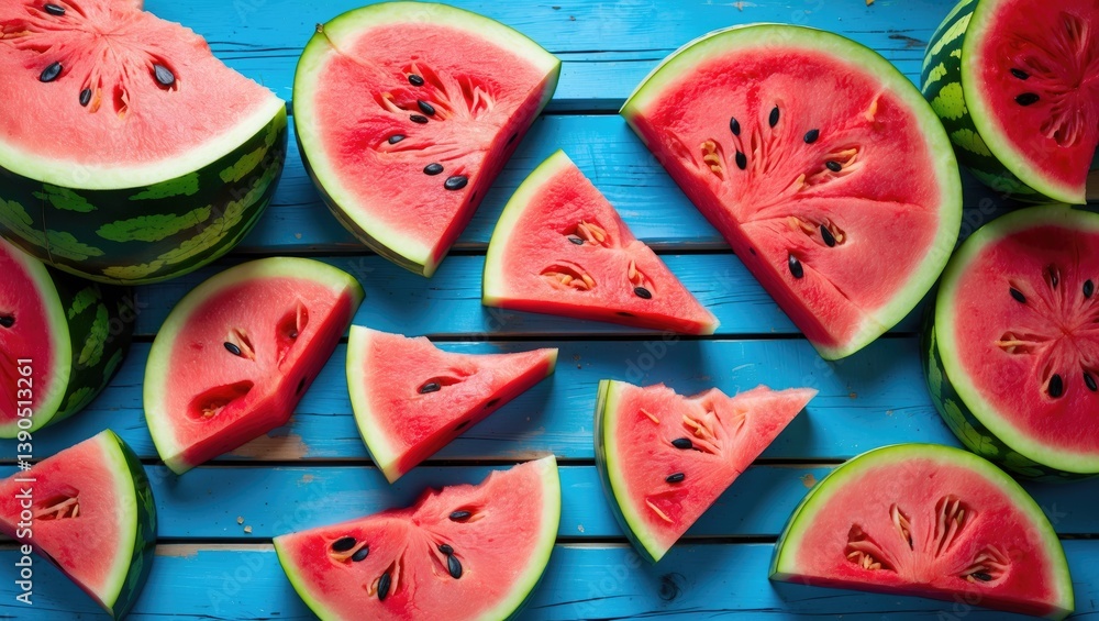 Poster sliced watermelon on a rustic wood background as a summer concept.