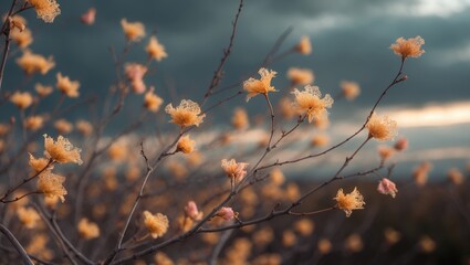 Twisting branches, gently decorated with golden blossoms, reach out against a cloudy sky, embodying the peaceful shift of autumn as daylight fades.