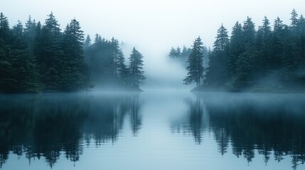 Misty lake surrounded by trees