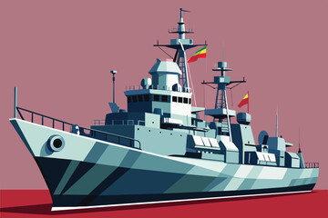 Naklejka premium A stylized military ship stands prominently, adorned with flags and complex structures during a tranquil evening, reflecting strength and artistry.