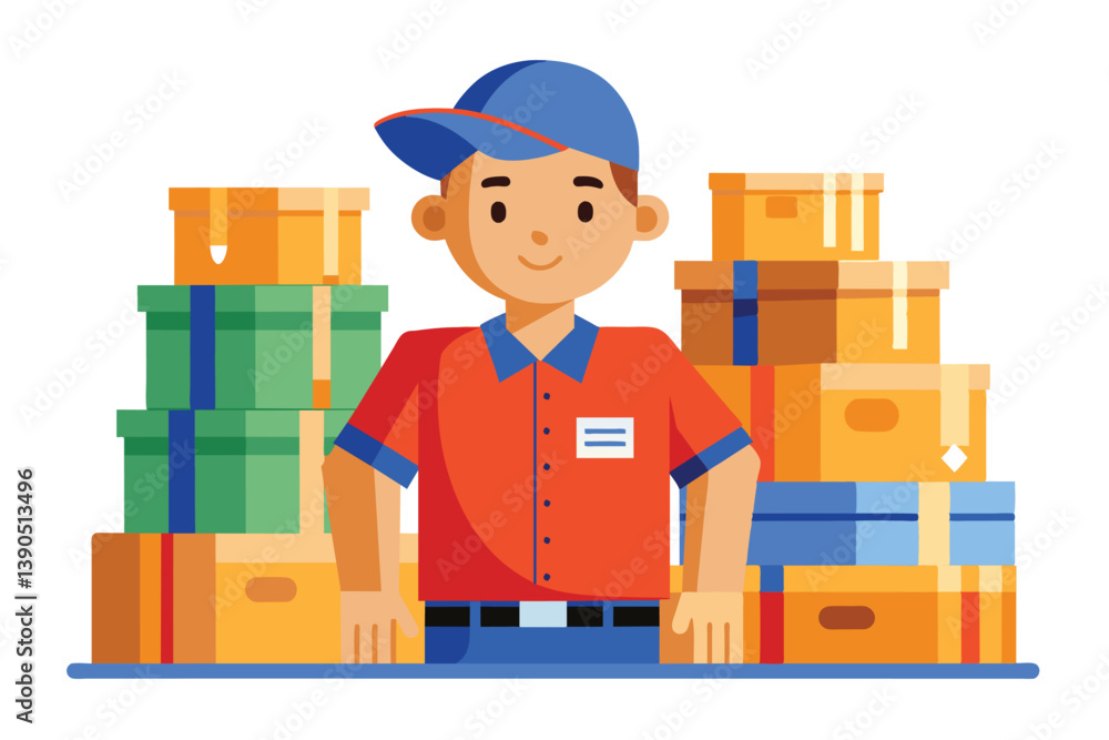 Aufkleber a delivery worker wearing a cap and uniform smiles while surrounded by various boxes stacked high in