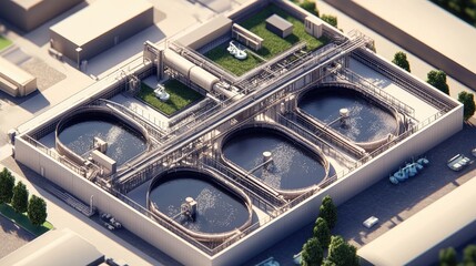 Obraz premium Industrial wastewater treatment facility with multiple sedimentation tanks.