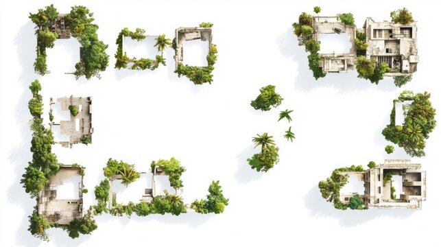 Aerial view showcasing abandoned structures overtaken by lush greenery, symbolizing nature's reclaiming power.