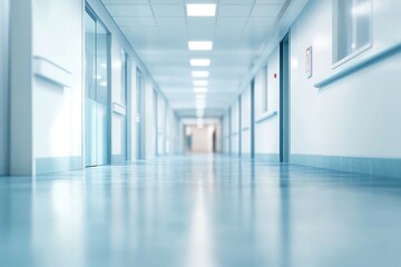 Fototapeta premium A long hospital corridor with bright lights and shiny floors stretching into the distance and blurred vision