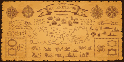 Vintage pirate map constructor, vector set of elements on aged parchment background for treasure hunt, exploration and fantasy adventure. Compass roses, sea monsters, sailing ships, skulls and islands