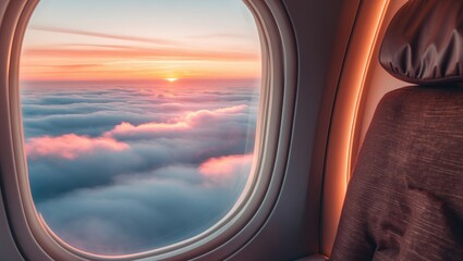 Fototapeta premium Travelling by air, enjoying a stunning sunrise from an aerial perspective through the window.