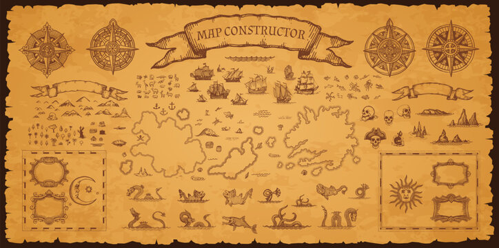 Vintage pirate map constructor, vector set of elements on aged parchment background for treasure hunt, exploration and fantasy adventure. Compass roses, sea monsters, sailing ships, skulls and islands