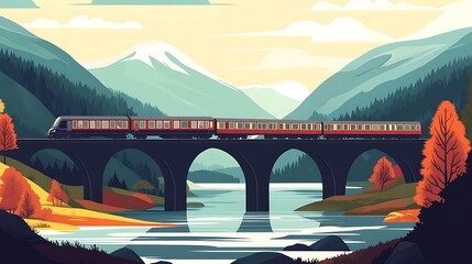 Train crossing a bridge over a river in autumnal mountain landscape.