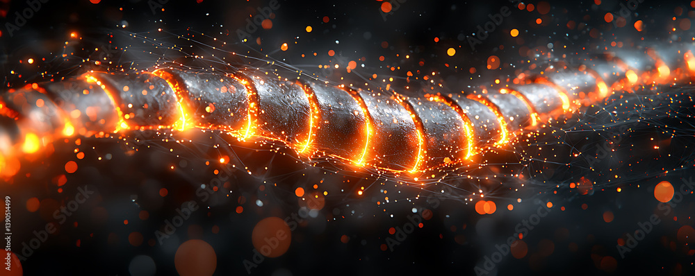 Poster glowing energy flows through a metallic, segmented coil, creating a dynamic, futuristic aesthetic. p