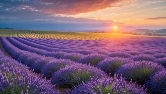 Breathtaking landscape featuring a lavender field at sunset.
