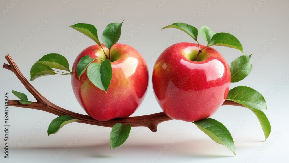 Poster two ruby-red apples on a branch set against a white backdrop.