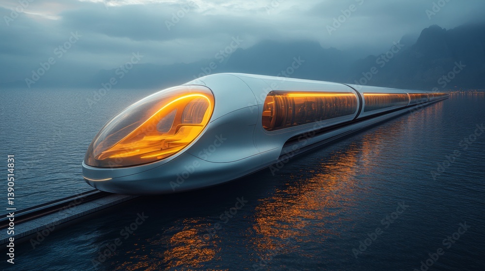 Poster an autonomous smart train moves gracefully on a high tech track over calm waters, with illuminated d