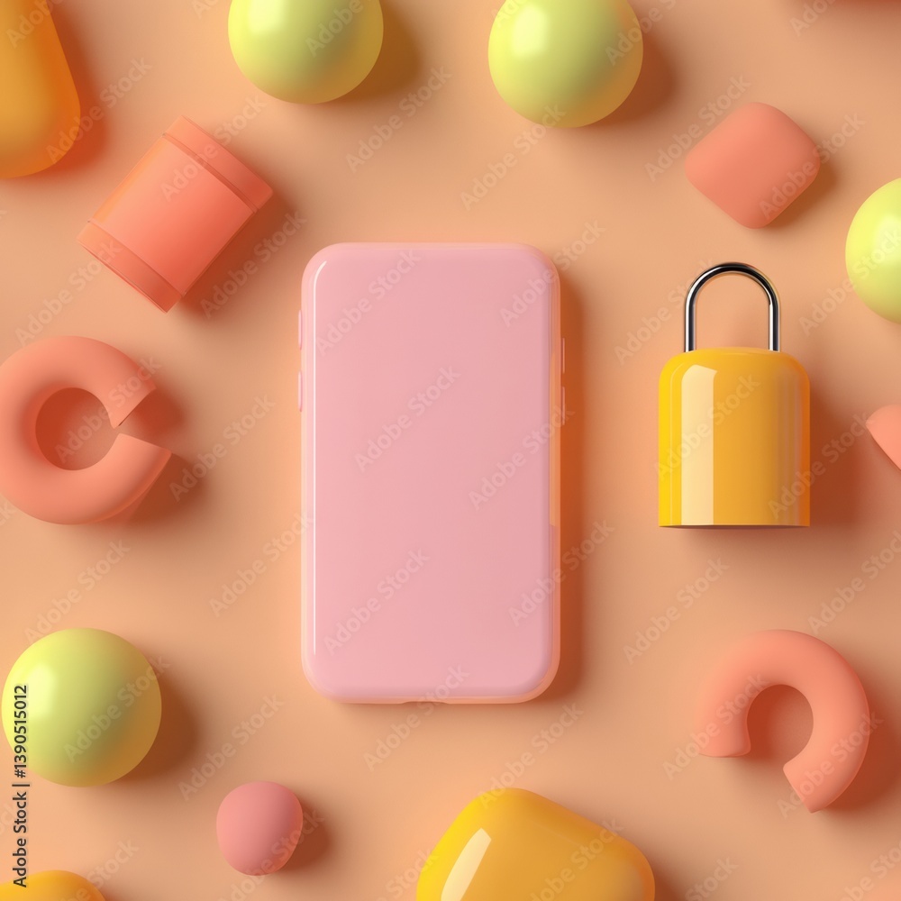 Poster soft-hued cybersecurity essentials minimalist digital protection mockup with playful pastel geometri