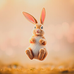 A joyful rabbit with big ears and a happy expression floats mid-air, surrounded by soft, warm hues creating a dreamy atmosphere, evoking feelings of lightheartedness and joy. Levitation