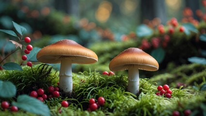 Two mushrooms on moss with nearby berries. Soft focus, selective focus.