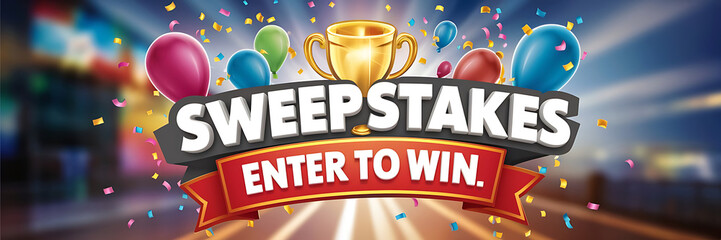 Sweepstakes enter to win bold colorful illustration banner image heading balloons trophy striking display